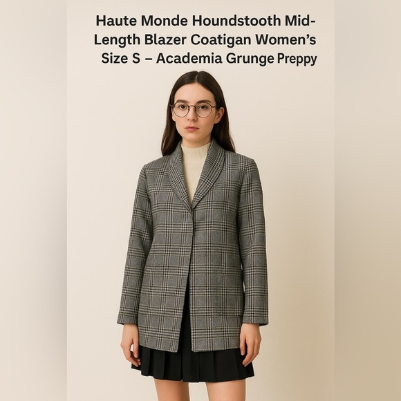 Haute Monde Houndstooth Mid Length Blazer Coatagian Academia Norm Preppy Mature - Picture 1 of 10